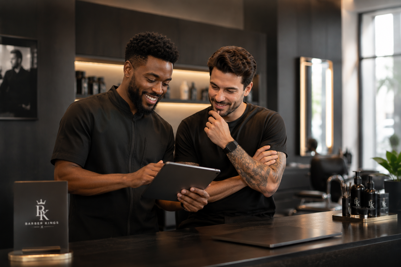 Profissionais de barbearia a gerir a agenda num tablet